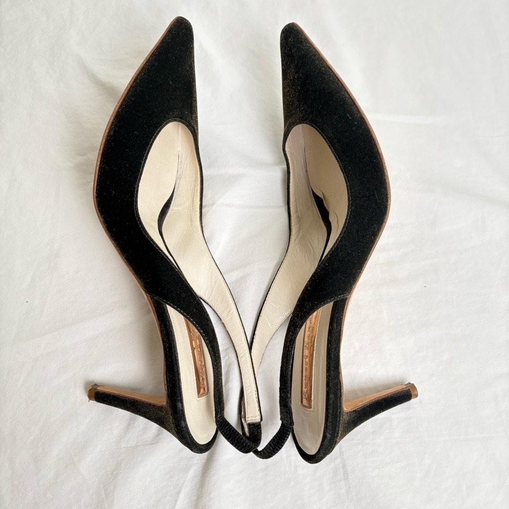 RUPERT SANDERSON Green Gold Velvet Pointed Toe Kitten Heel Slingback ITALY 5.5 - Picture 14 of 17